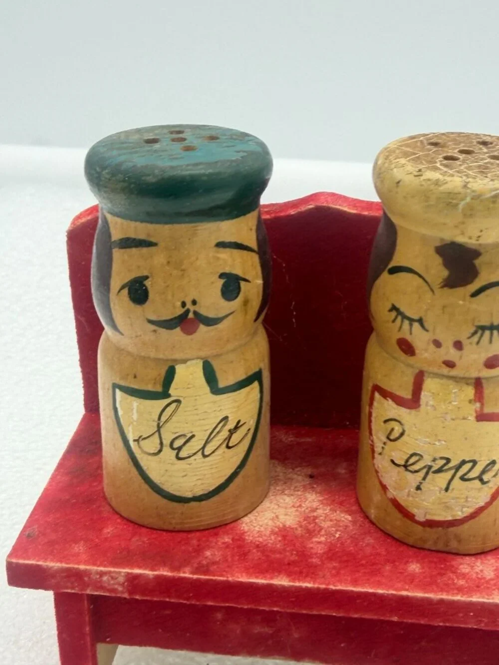 Vintage Wood Peg Chef Salt and Pepper Shakers and Red Bench Holder Japan